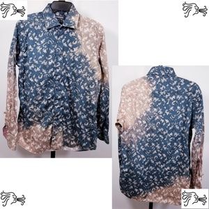 L Dress Shirt Teal Tan Leaf Print Bleached Unisex